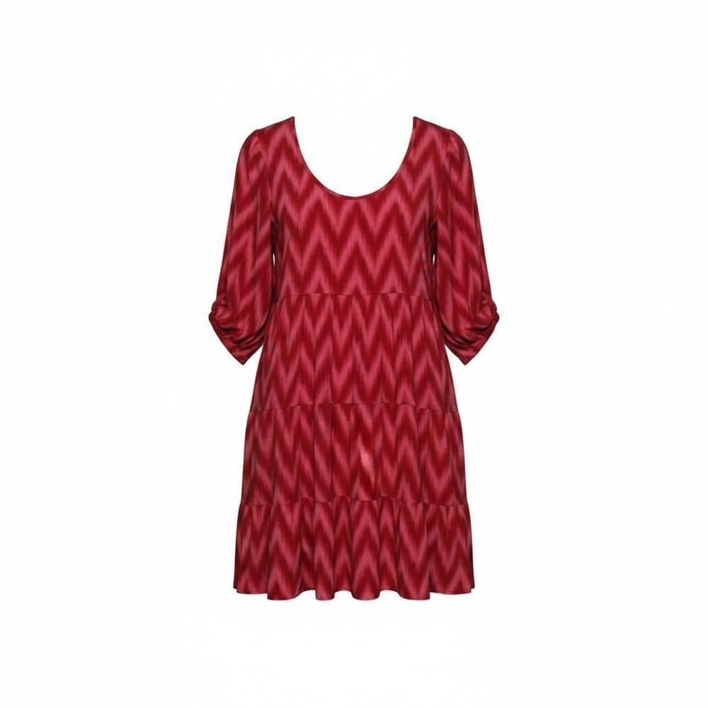 Indigo Soul Red Chevron Tiered Babydoll Dress 2XL 3/4 Puff Sleeve Scoop Neck